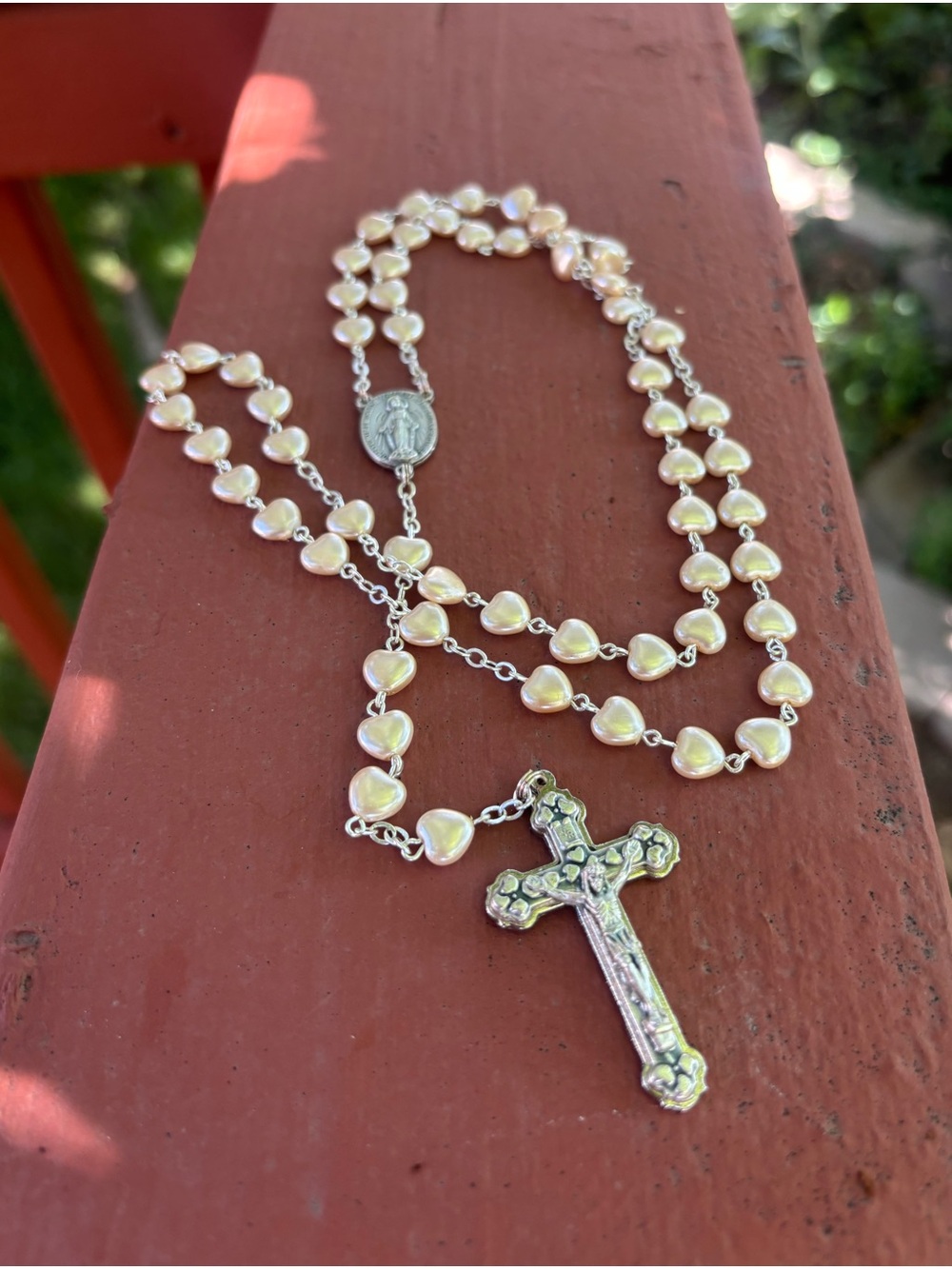 Malco Sterling Heart Pearl Rosary Necklace Catholic 31" Crucifix Italy Vintage